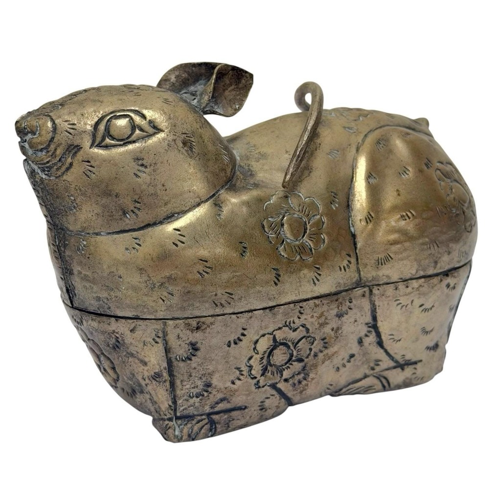Vintage Cambodian Khmer Rat Mouse Rodent Betel Metal Nut Box Decor Unique 6.25"